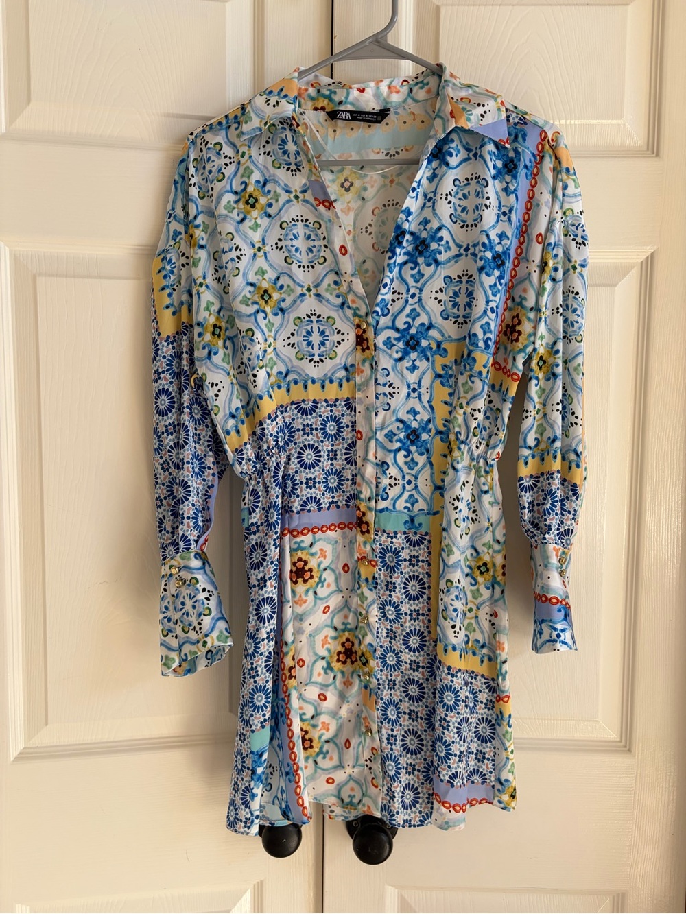 Zara Blue and Cream Patchwork Long Sleeve Shirt Dress
